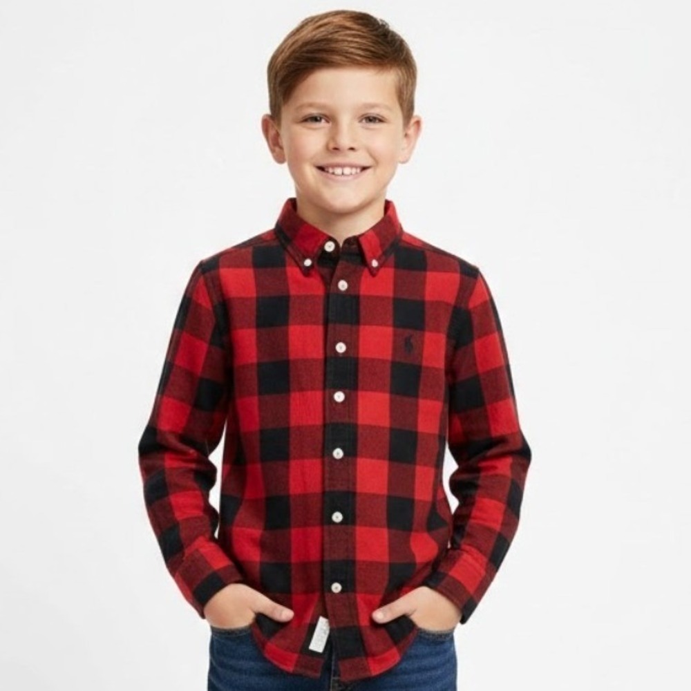 Polo Ralph Lauren Kids 8 Red Black Buffalo Plaid‎ Button Down Shirt Lined Heavy